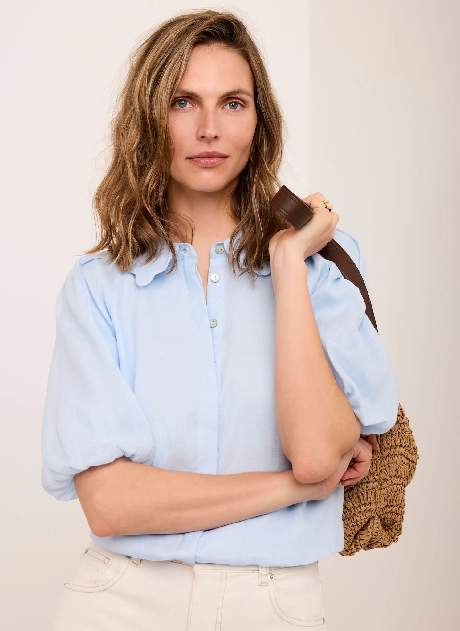 Pale Blue Ramie Scallop Puff Sleeve Shirt sold by Mint Velvet product image thumbnail 3