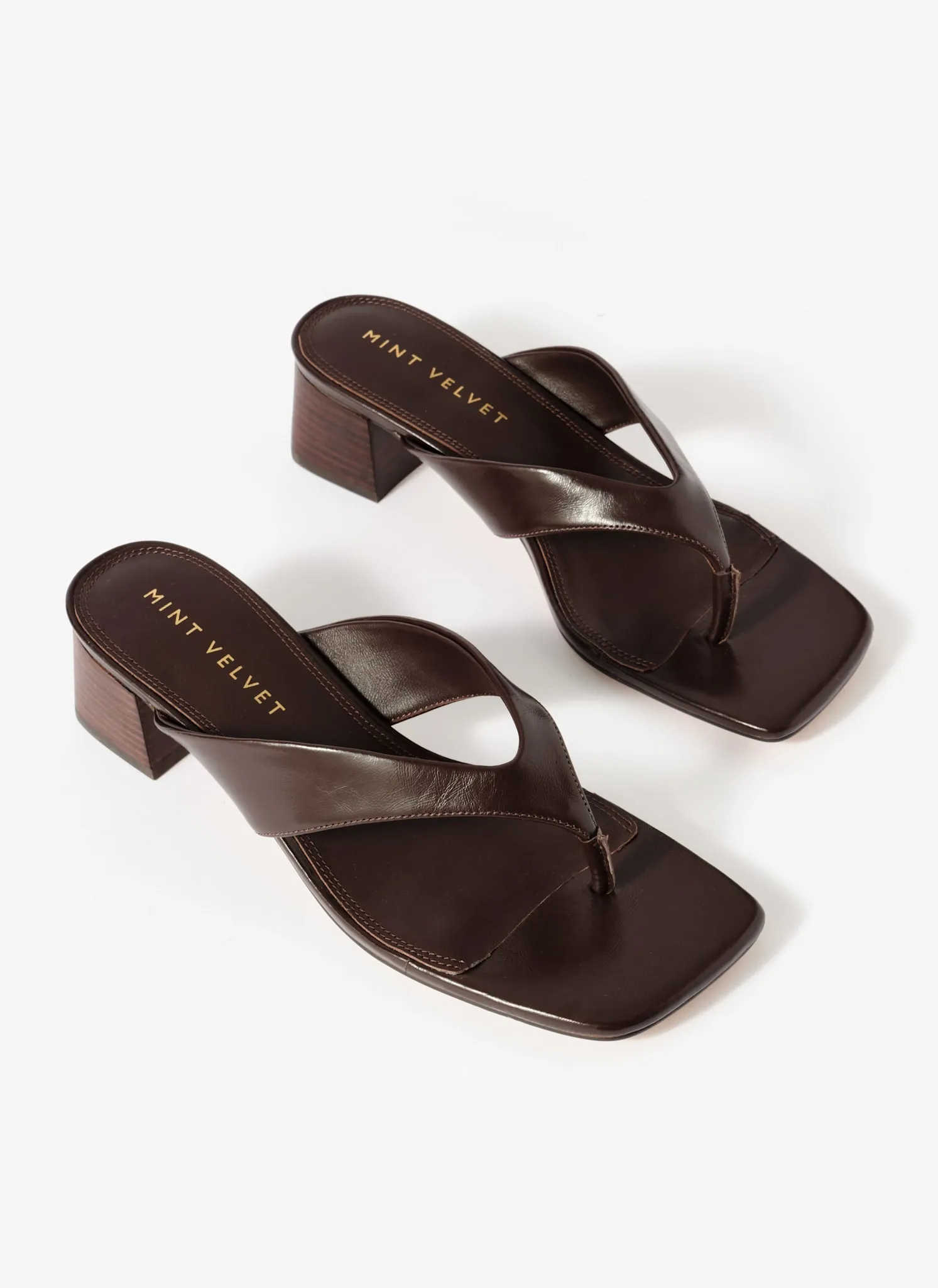 Millie Brown Leather Block Flip Flop Heels sold by Mint Velvet