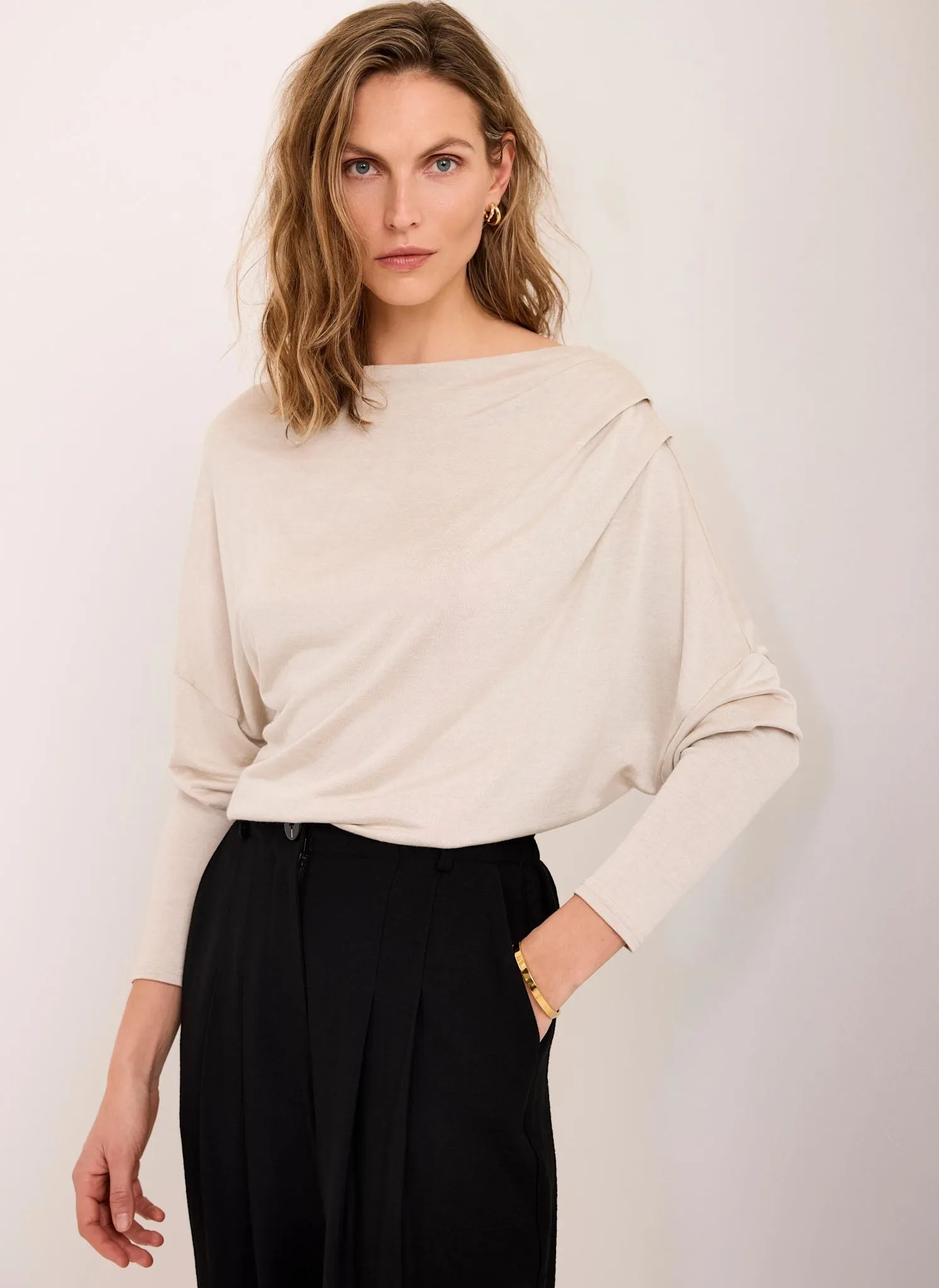 Neutral Metallic Ruched Long Sleeve Top sold by Mint Velvet