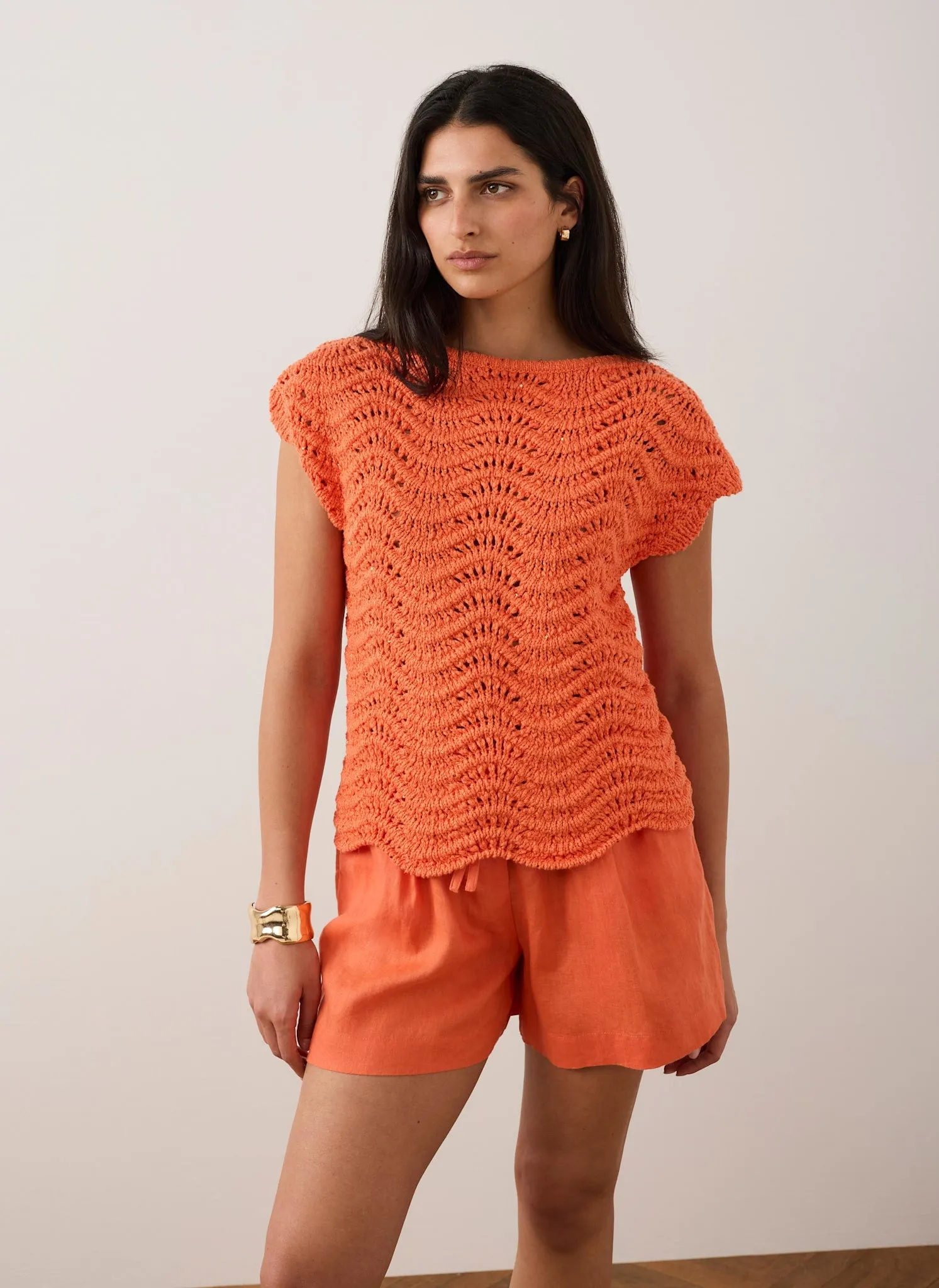 Orange Embellished Crochet Knit Top sold by Mint Velvet