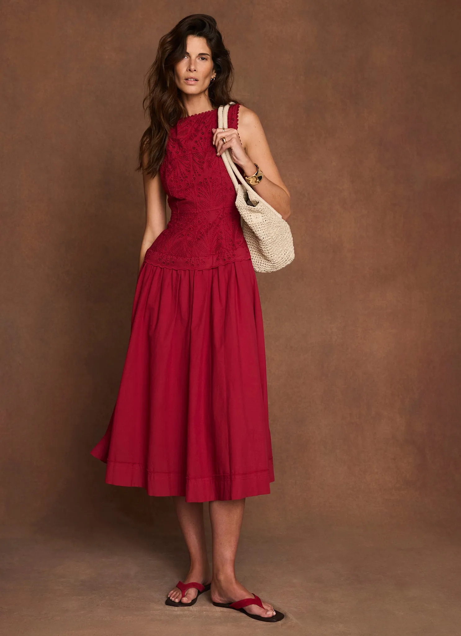 Red Cotton Broderie Midi Dress sold by Mint Velvet