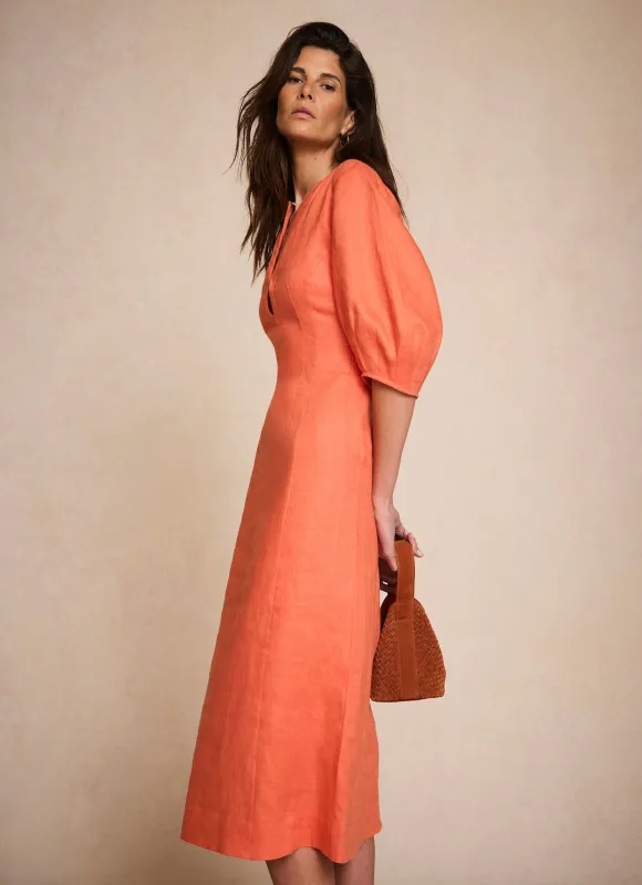 Orange Linen Puff Sleeve Midi Dress sold by Mint Velvet