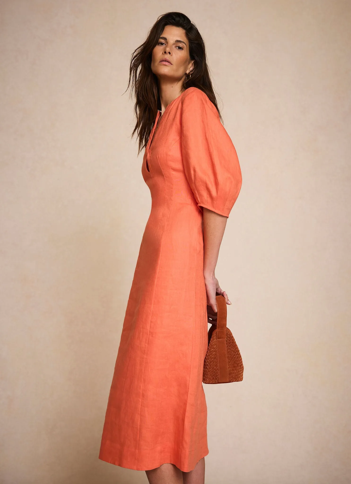 Orange Linen Puff Sleeve Midi Dress sold by Mint Velvet