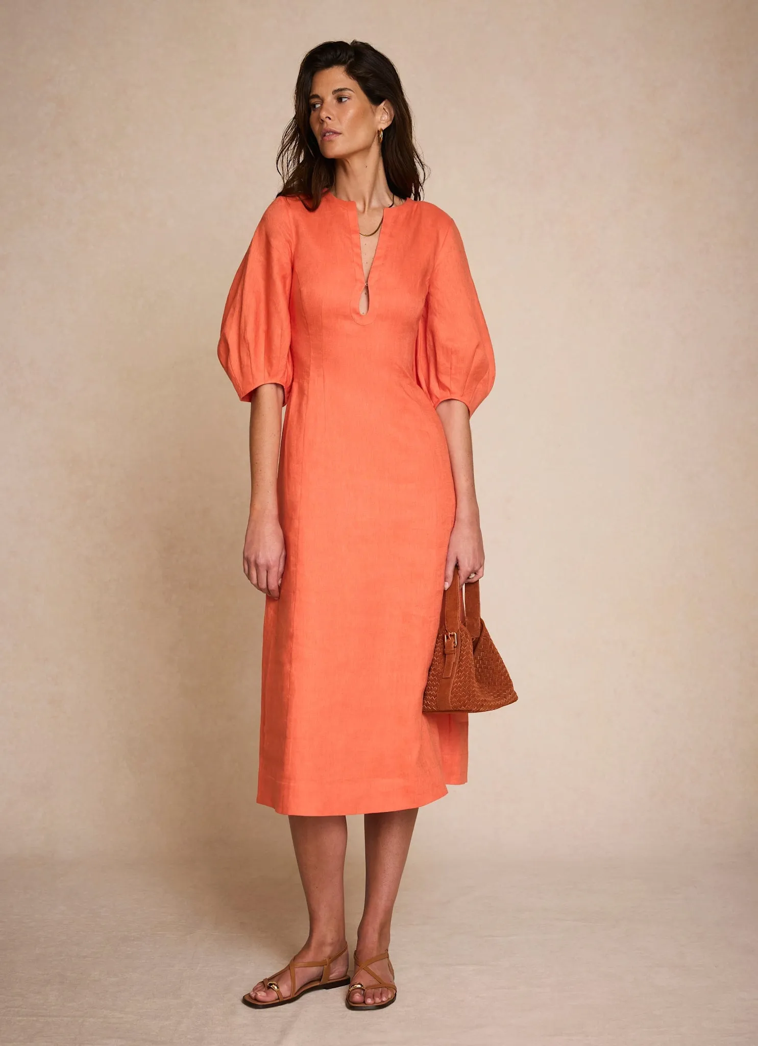 Orange Linen Puff Sleeve Midi Dress sold by Mint Velvet product image thumbnail 2