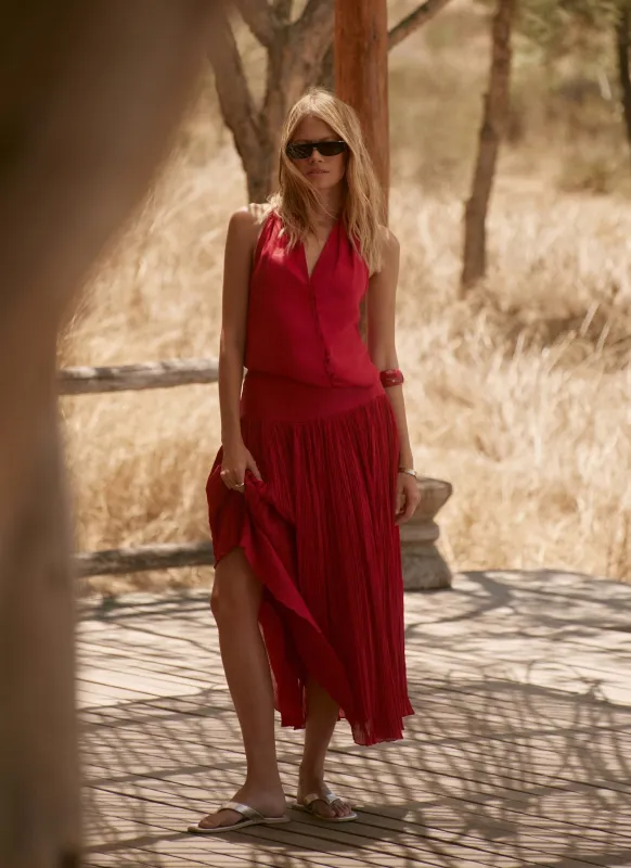 Red Drop Waist Crinkle Midi Skirt sold by Mint Velvet