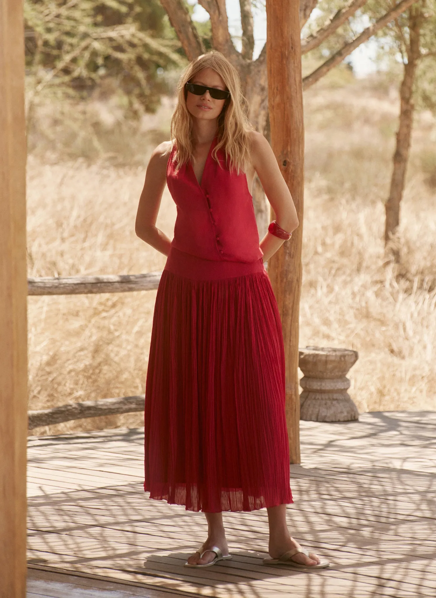 Red Drop Waist Crinkle Midi Skirt sold by Mint Velvet product image thumbnail 3
