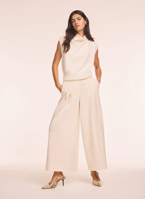 Cream Pleated Cropped Wide Trousers sold by Mint Velvet