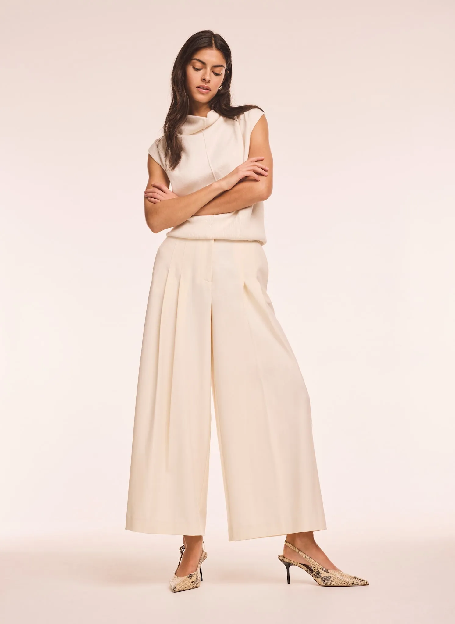 Cream Pleated Cropped Wide Trousers sold by Mint Velvet product image thumbnail 2