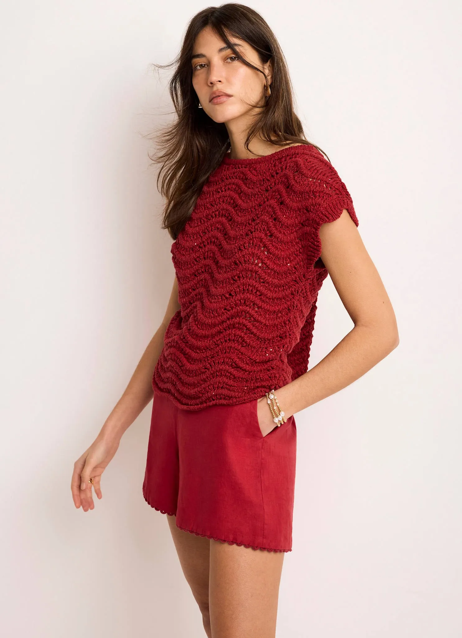 Red Embellished Crochet Knit Top sold by Mint Velvet