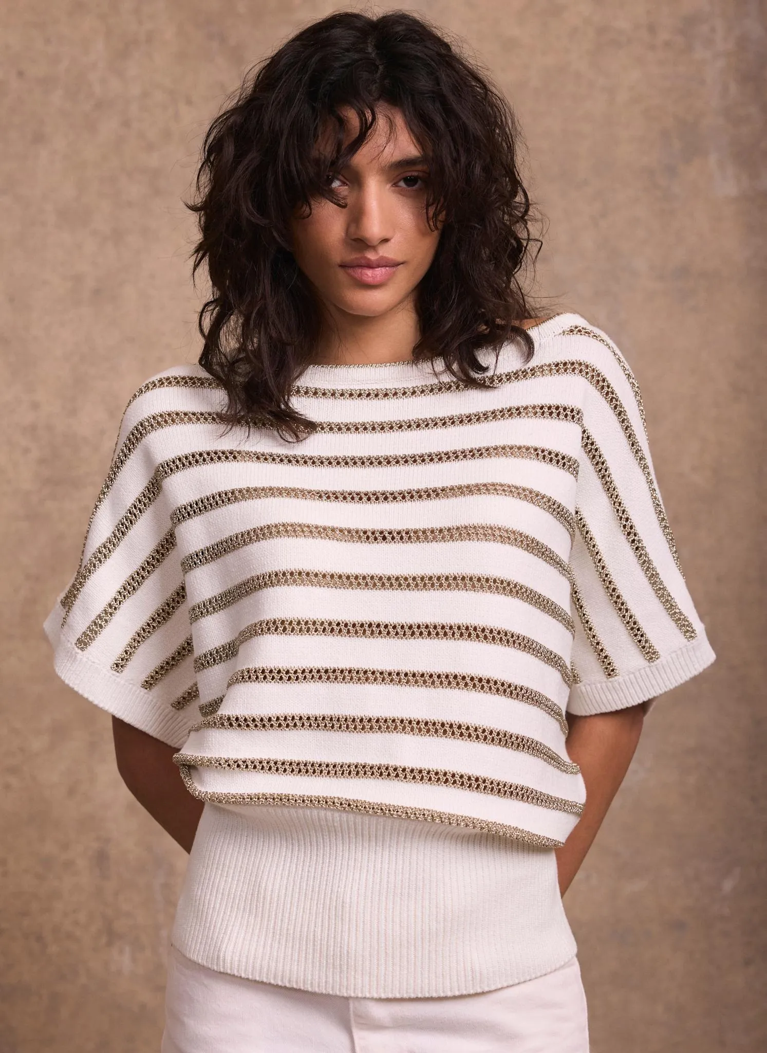 Cream Cotton Blend Metallic Stripe Top sold by Mint Velvet product image thumbnail 2