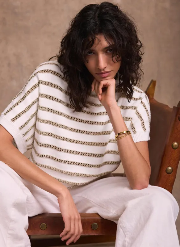 Cream Cotton Blend Metallic Stripe Top made by Mint Velvet