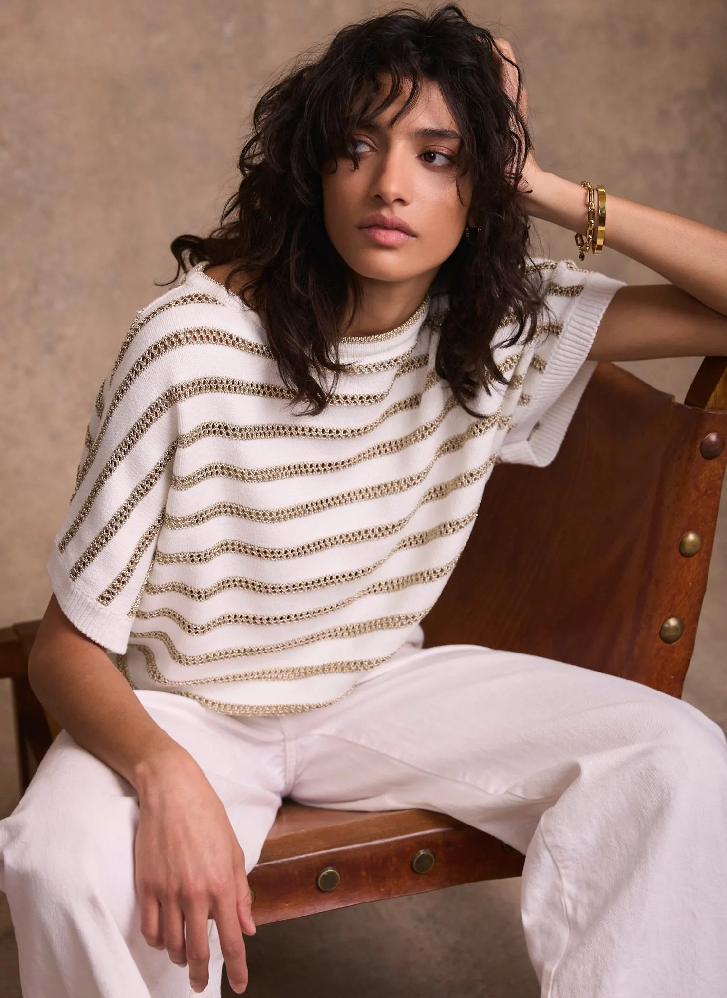 Cream Cotton Blend Metallic Stripe Top sold by Mint Velvet product image thumbnail 3