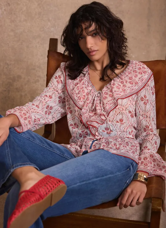 Pink Geo Print Ruffle Blouse made by Mint Velvet