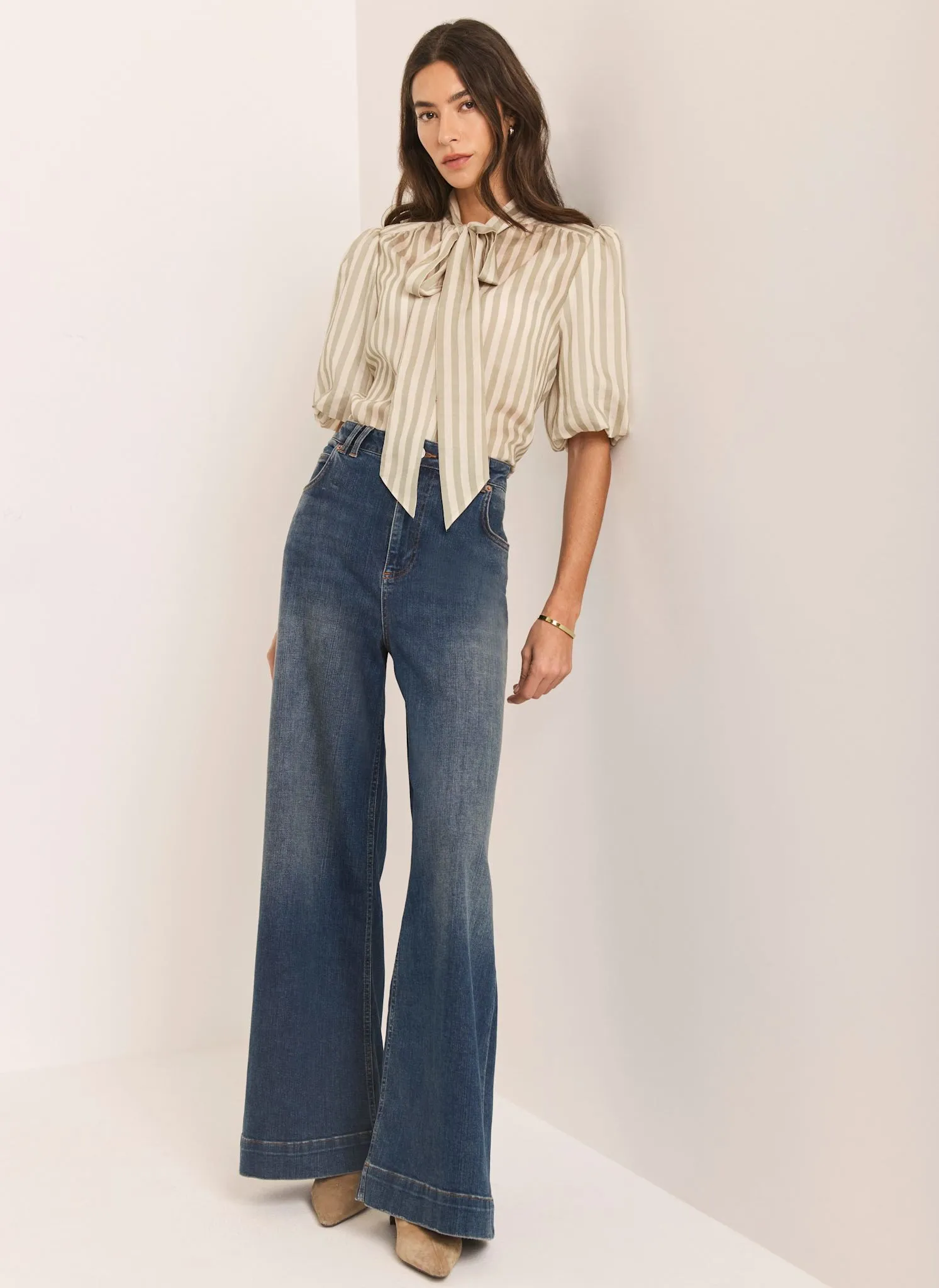 Green Striped Puff Sleeve Blouse sold by Mint Velvet product image thumbnail 4