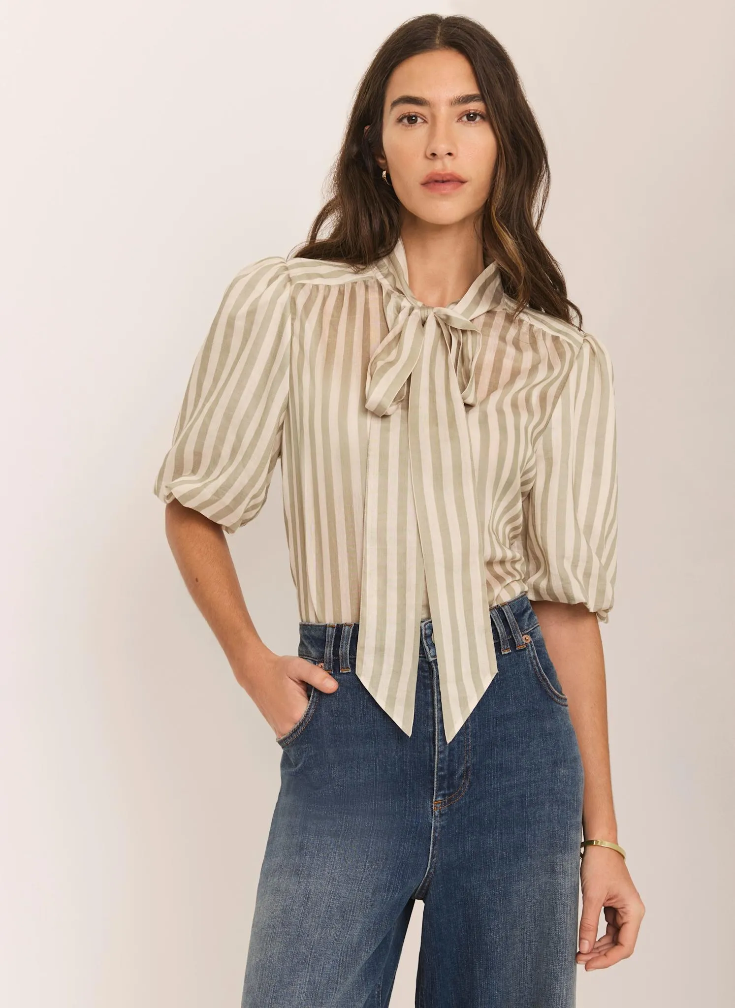 Green Striped Puff Sleeve Blouse sold by Mint Velvet