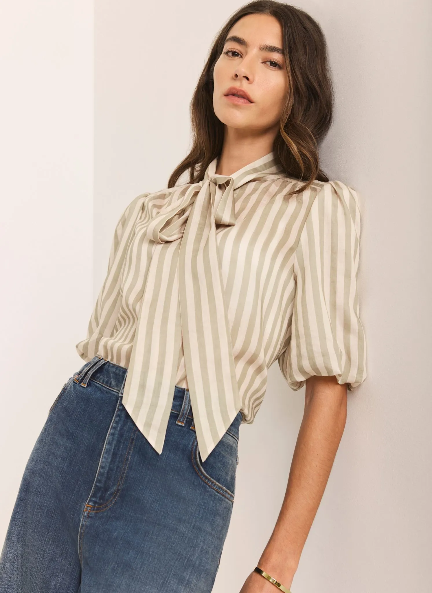 Green Striped Puff Sleeve Blouse sold by Mint Velvet product image thumbnail 2