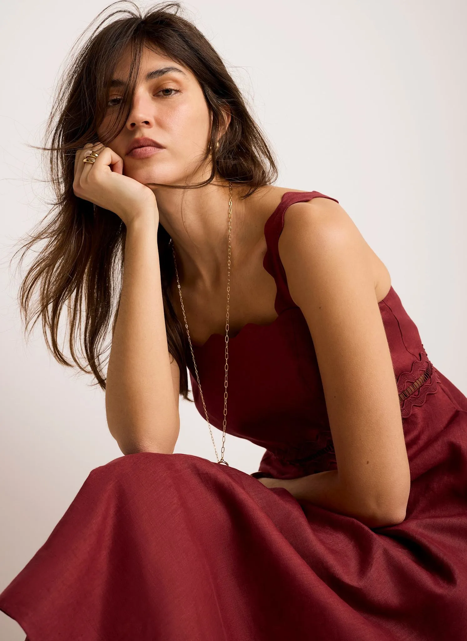 Burgundy Linen Scallop Trim Midi Dress sold by Mint Velvet product image thumbnail 5