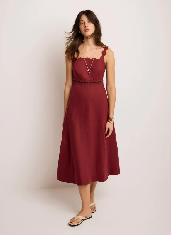 Burgundy Linen Scallop Trim Midi Dress made by Mint Velvet