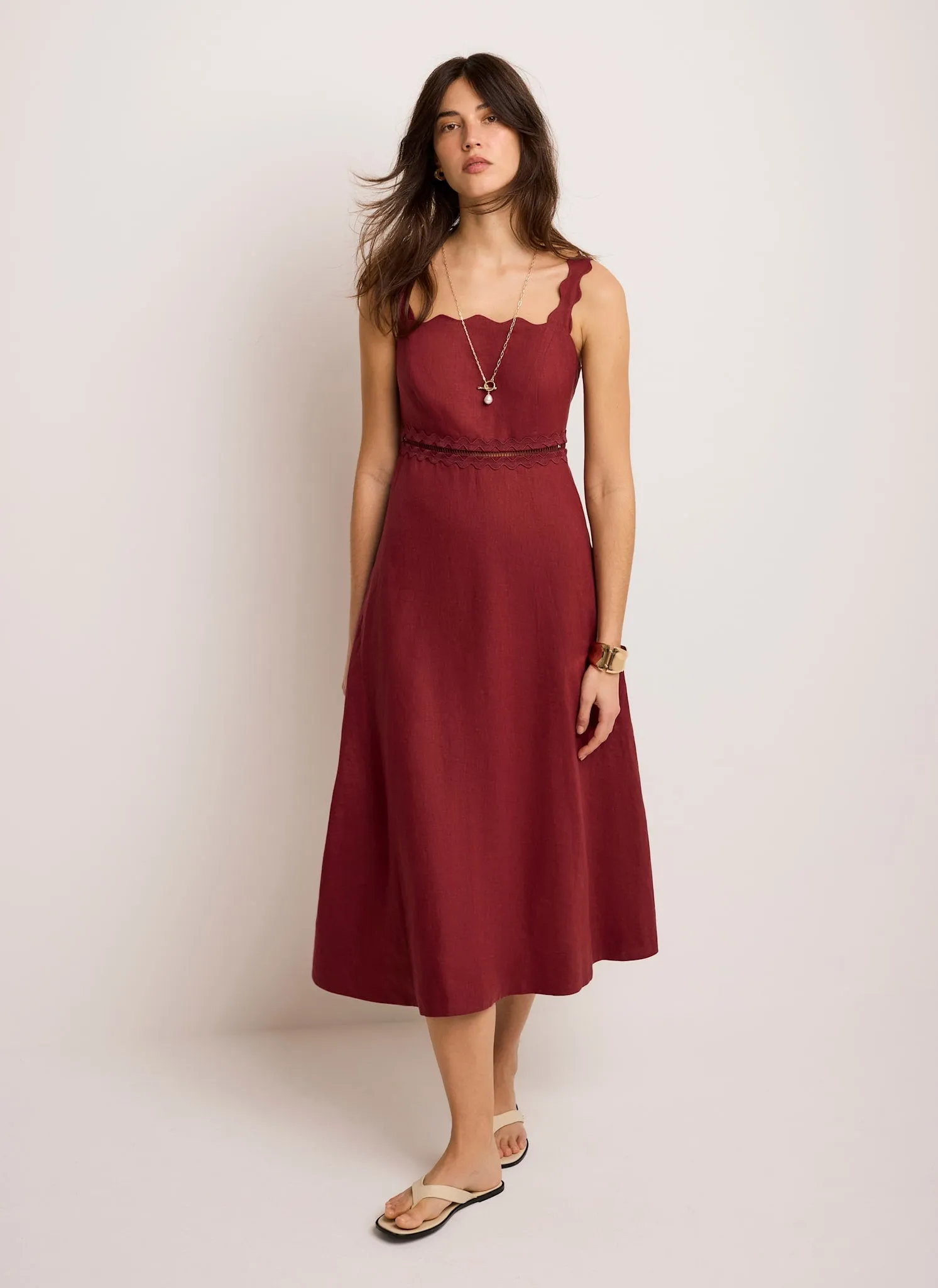 Burgundy Linen Scallop Trim Midi Dress sold by Mint Velvet