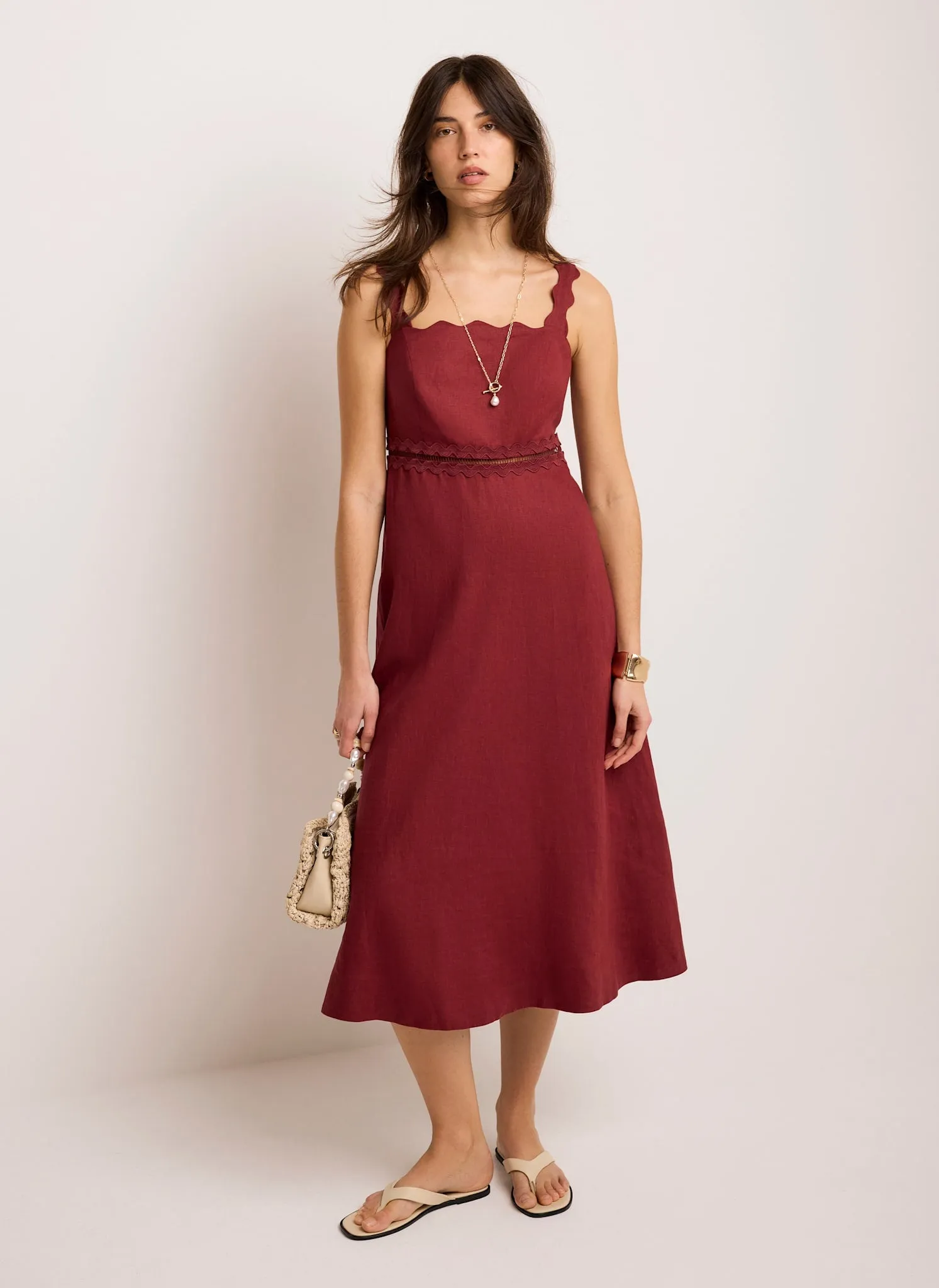 Burgundy Linen Scallop Trim Midi Dress sold by Mint Velvet product image thumbnail 3