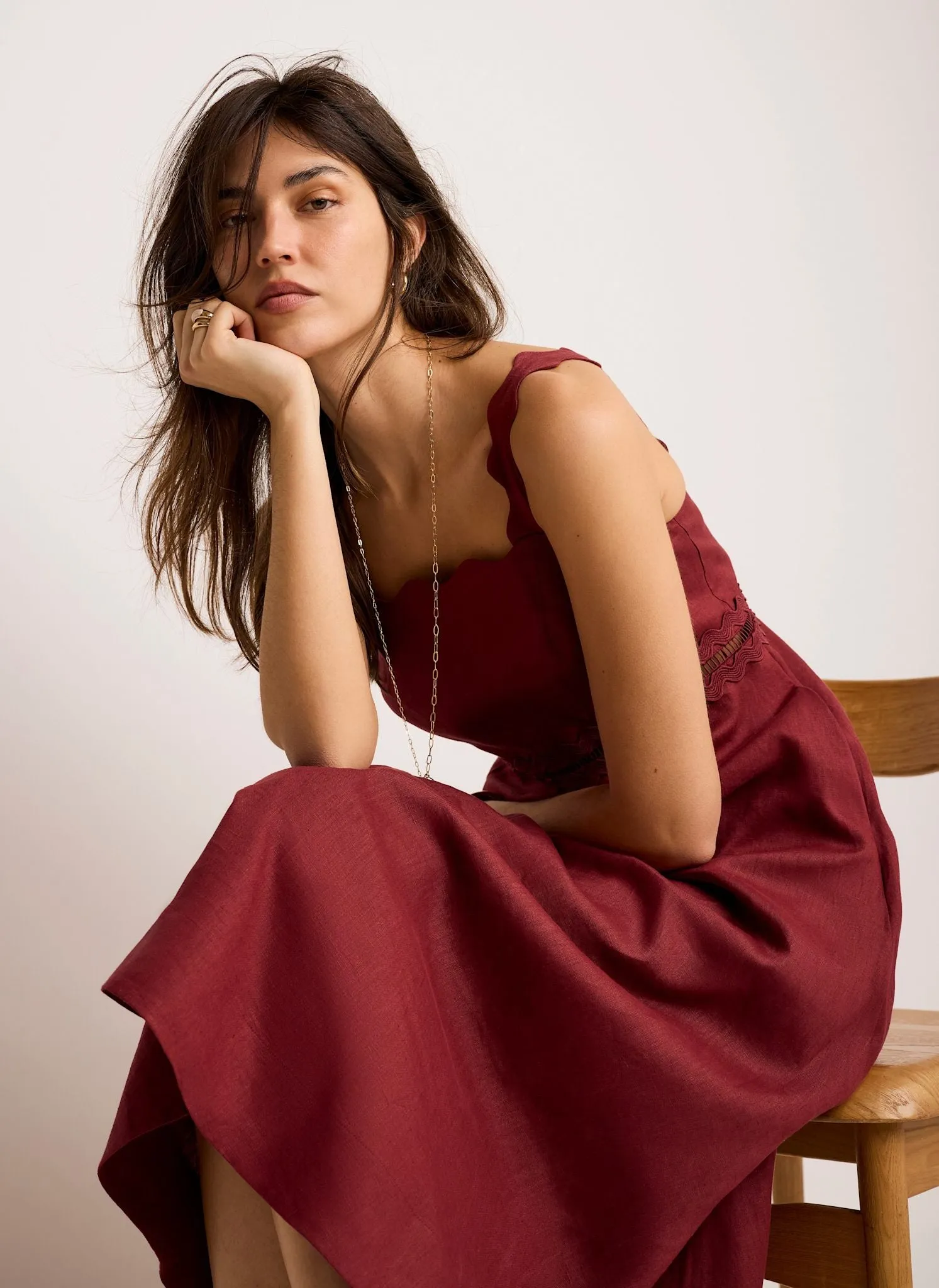 Burgundy Linen Scallop Trim Midi Dress sold by Mint Velvet product image thumbnail 2
