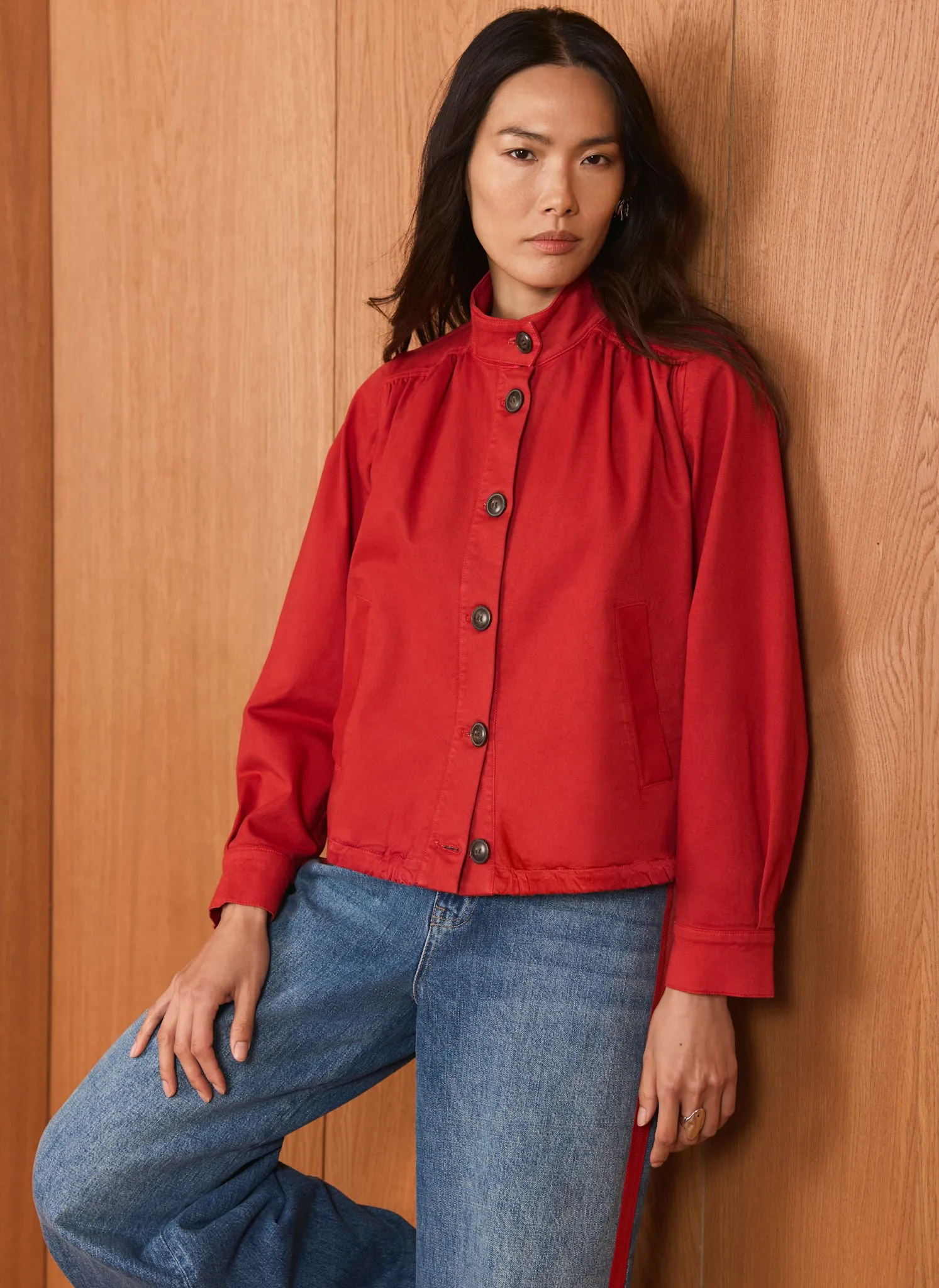 Red Cotton Blend Puff Sleeve Jacket sold by Mint Velvet
