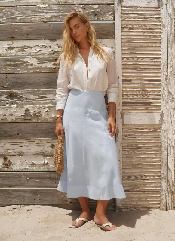 Pale Blue Ramie Seam Detail Midi Skirt sold by Mint Velvet