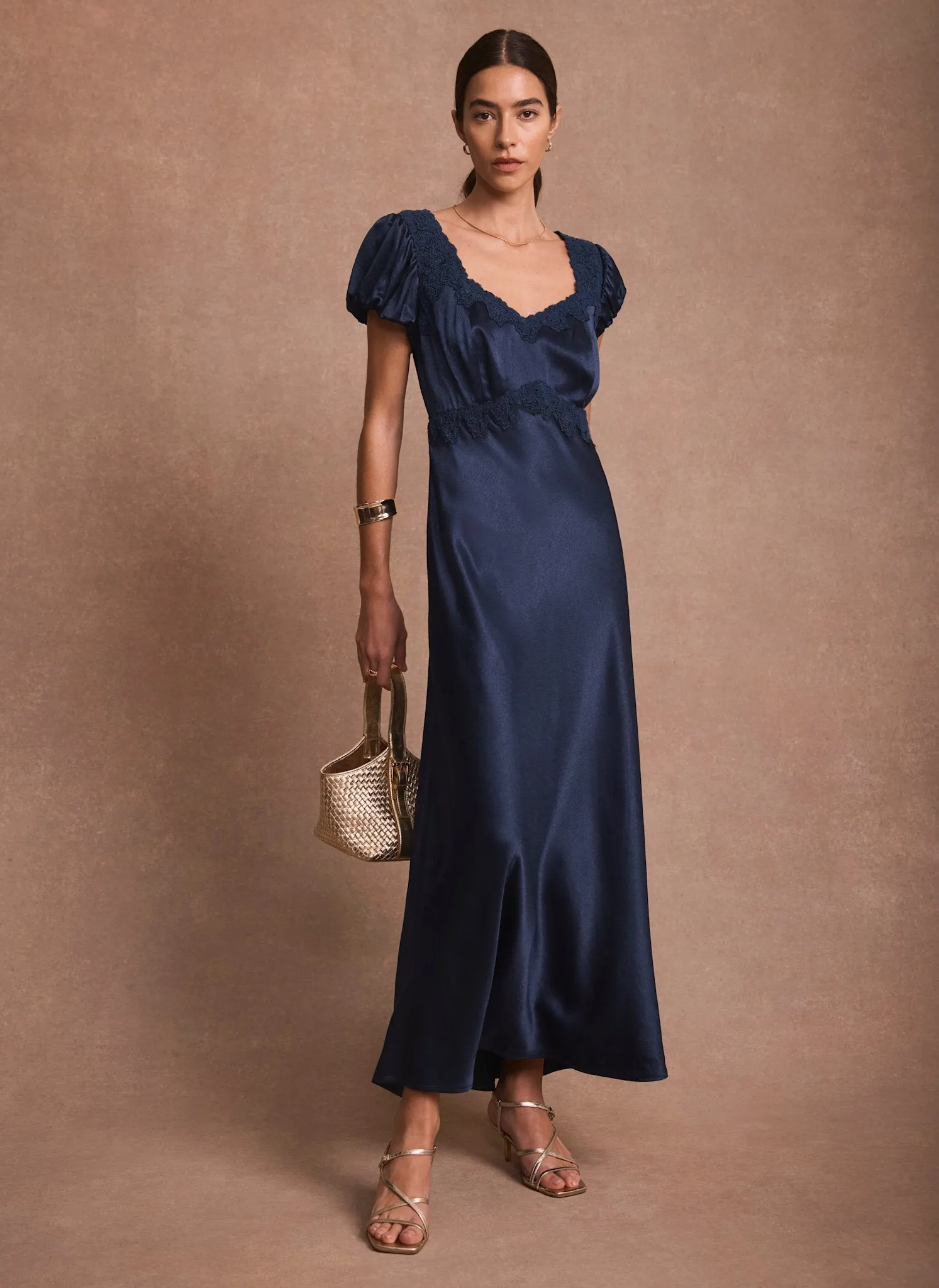 Navy Lace Detail Satin Maxi Dress sold by Mint Velvet