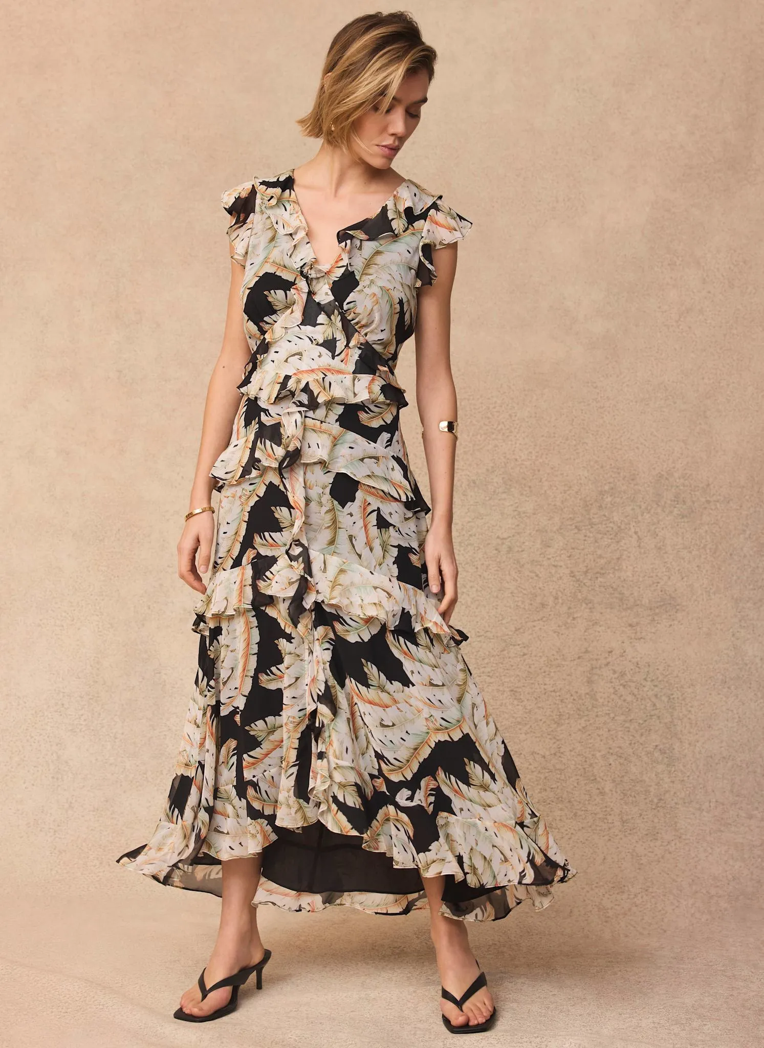 Black Palm Print Ruffle Midi Dress sold by Mint Velvet product image thumbnail 2