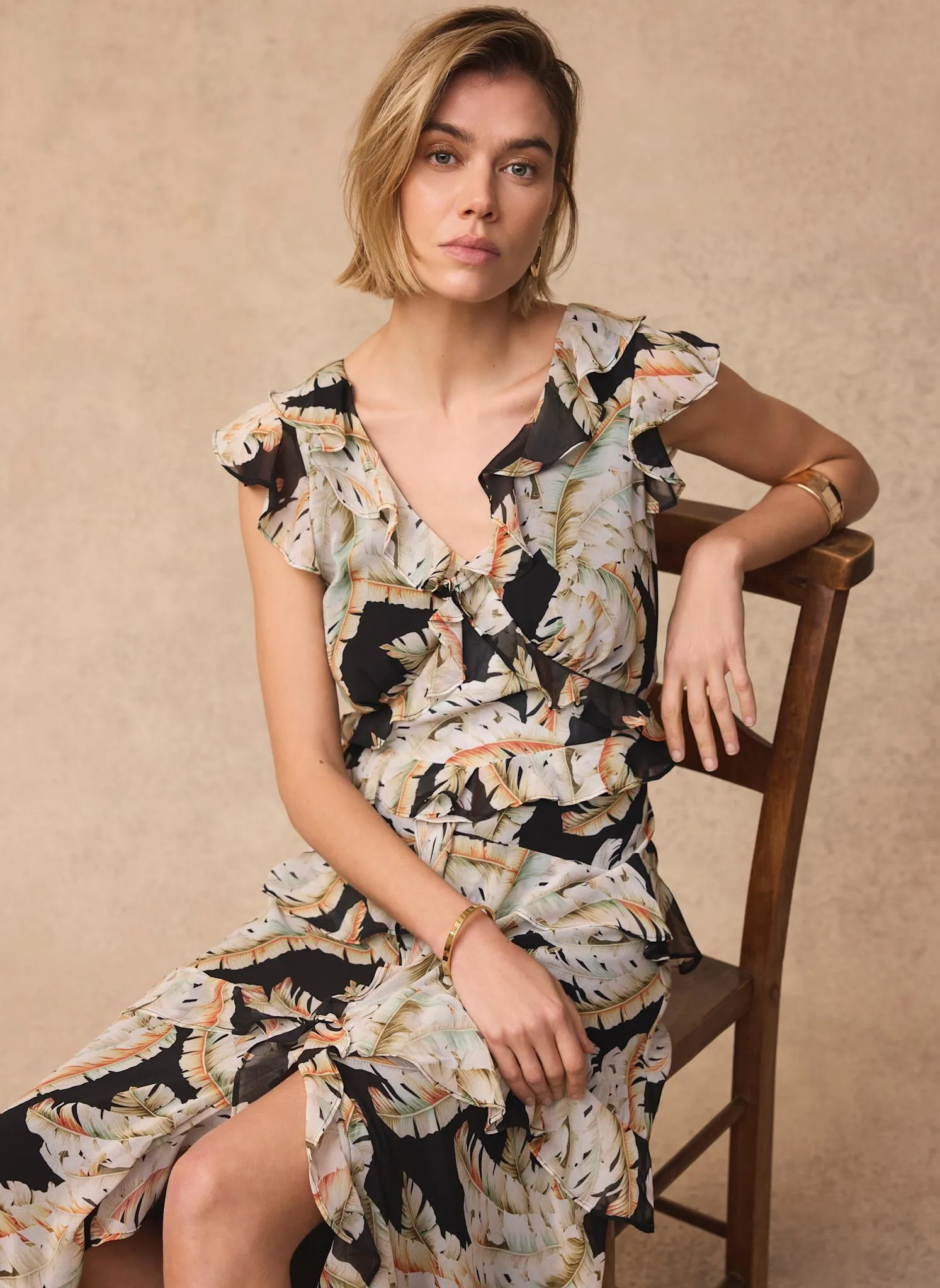 Black Palm Print Ruffle Midi Dress sold by Mint Velvet product image thumbnail 5