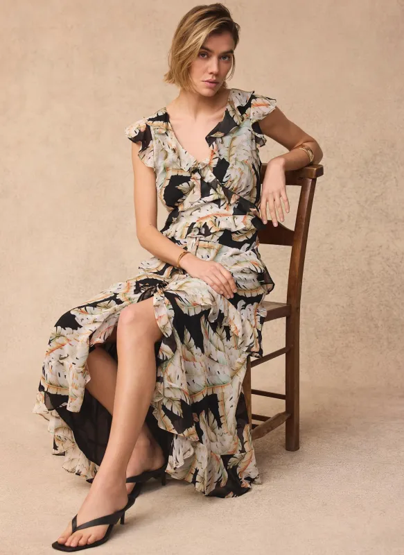 Black Palm Print Ruffle Midi Dress made by Mint Velvet