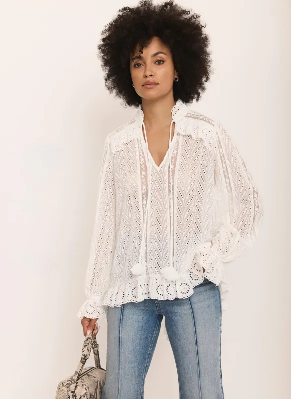 Cream Broderie Trim Longline Blouse sold by Mint Velvet
