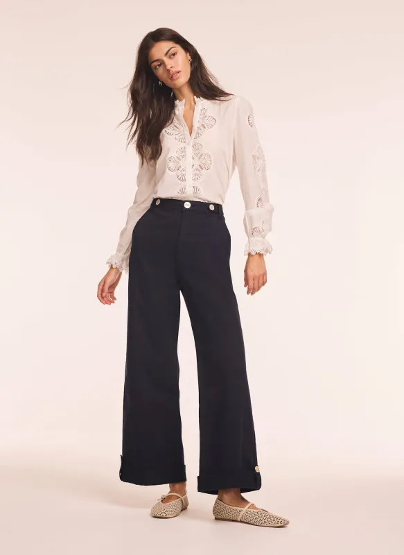 Navy Cropped Wide Chino Trousers made by Mint Velvet