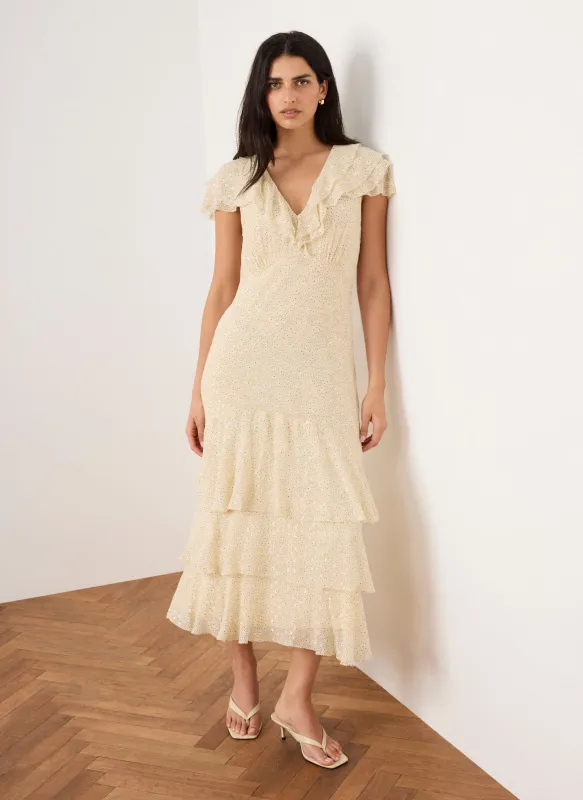 Yellow Ruffle Print Midi Dress sold by Mint Velvet