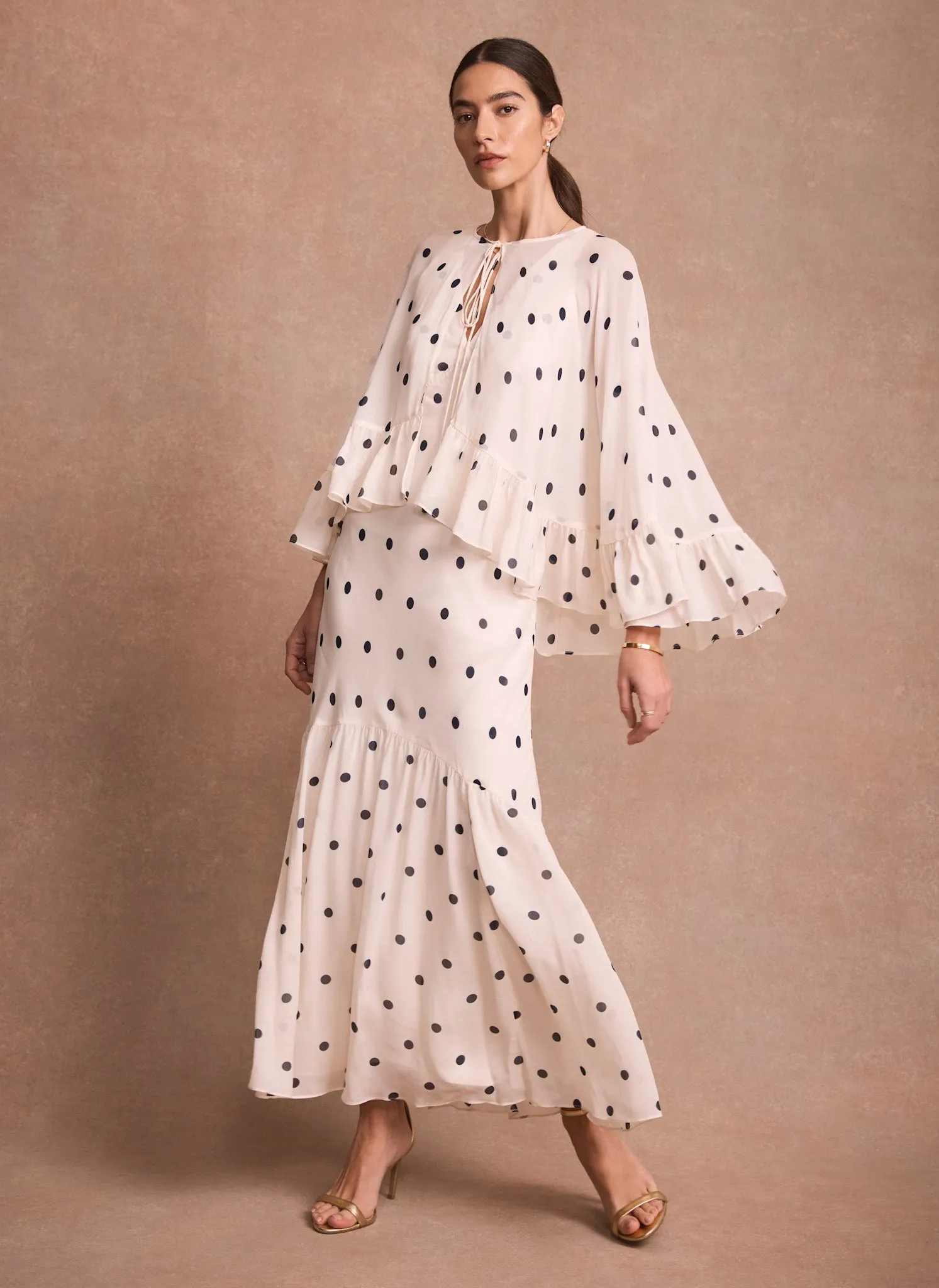 Cream Polka Dot Print Cape Maxi Dress sold by Mint Velvet