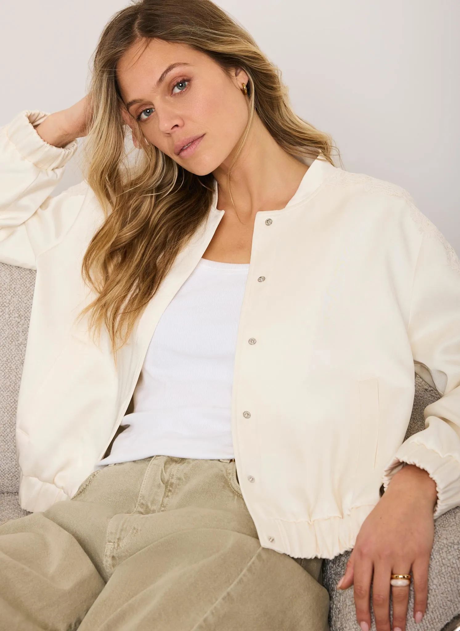 Cream Satin Lace Sleeve Bomber Jacket sold by Mint Velvet product image thumbnail 4