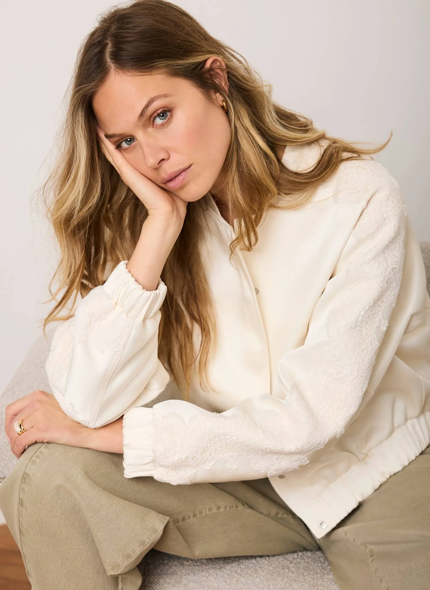 Cream Satin Lace Sleeve Bomber Jacket sold by Mint Velvet product image thumbnail 2