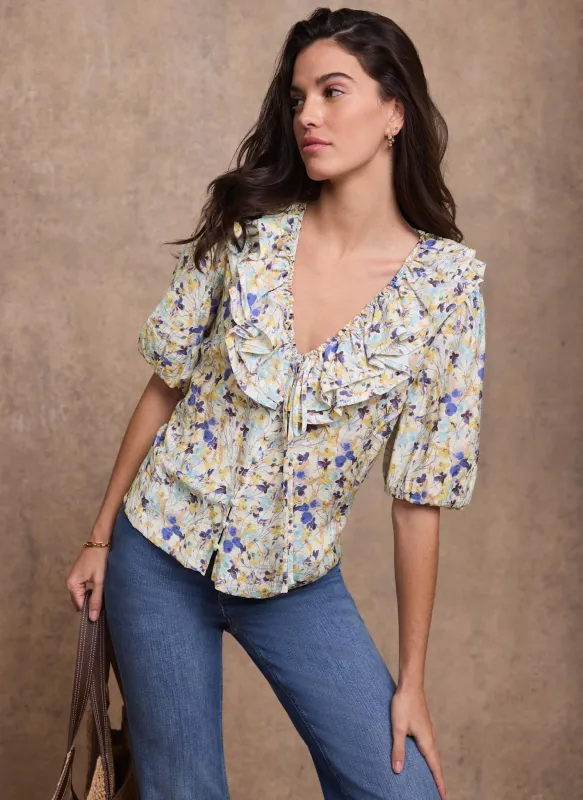 Blue Floral Ruffle Trim Blouse made by Mint Velvet