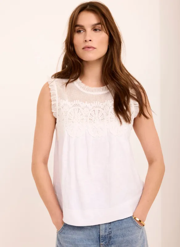 White Cotton Blend Lace Applique Top sold by Mint Velvet