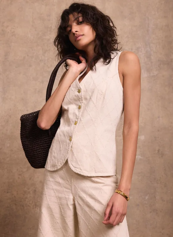 Cream Denim Diamond Textured Waistcoat sold by Mint Velvet