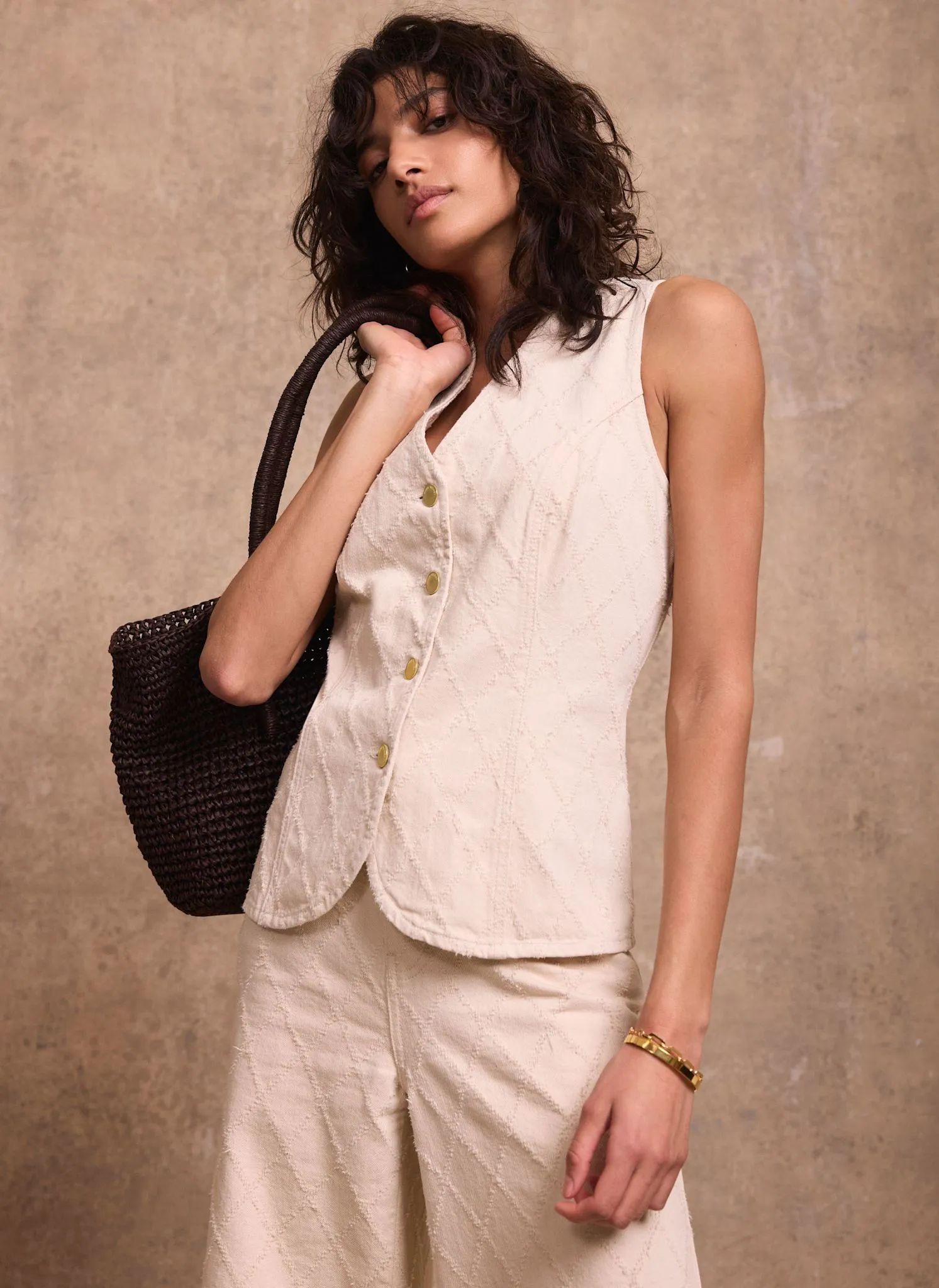 Cream Denim Diamond Textured Waistcoat sold by Mint Velvet