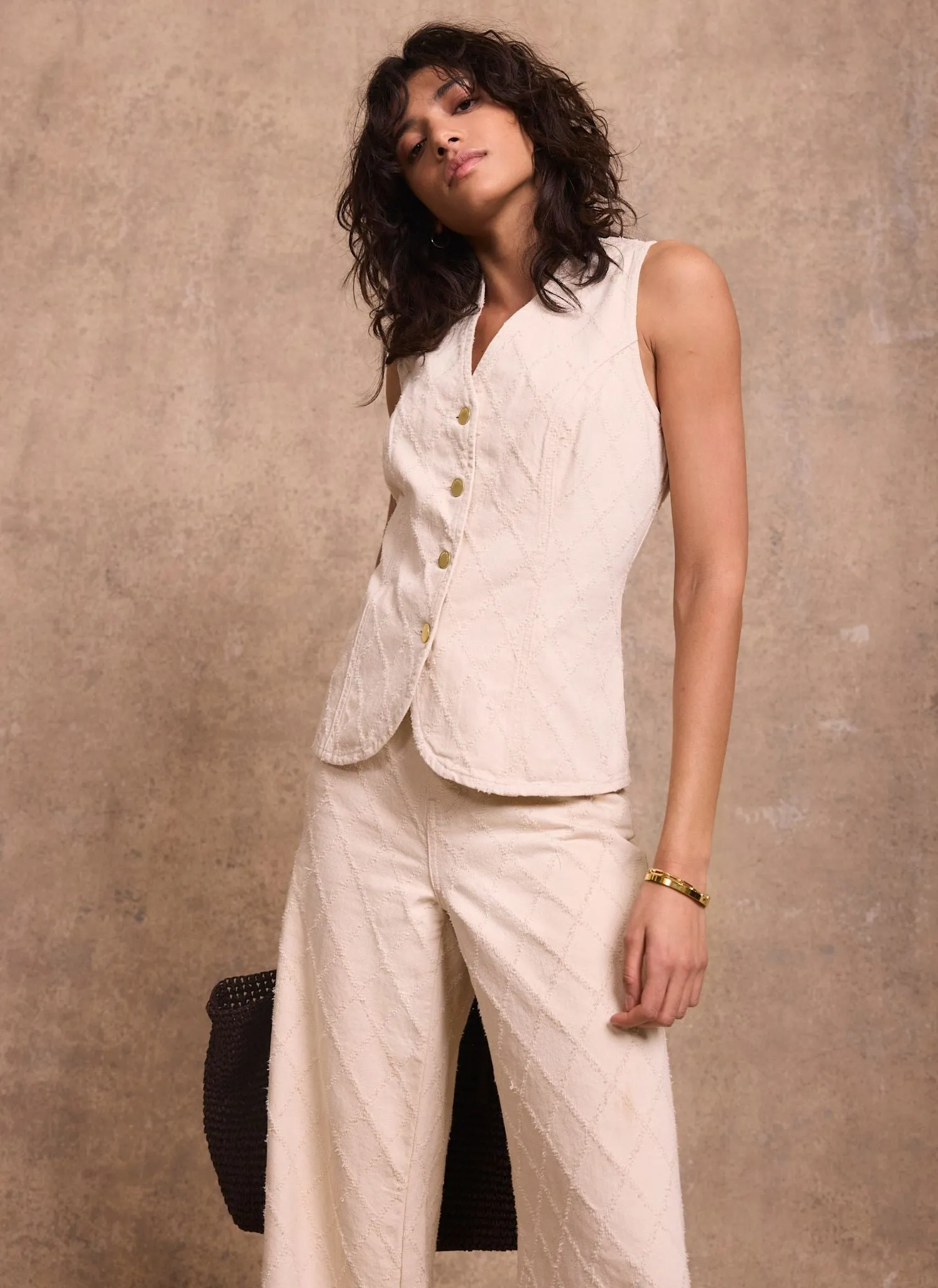 Cream Denim Diamond Textured Waistcoat sold by Mint Velvet product image thumbnail 4
