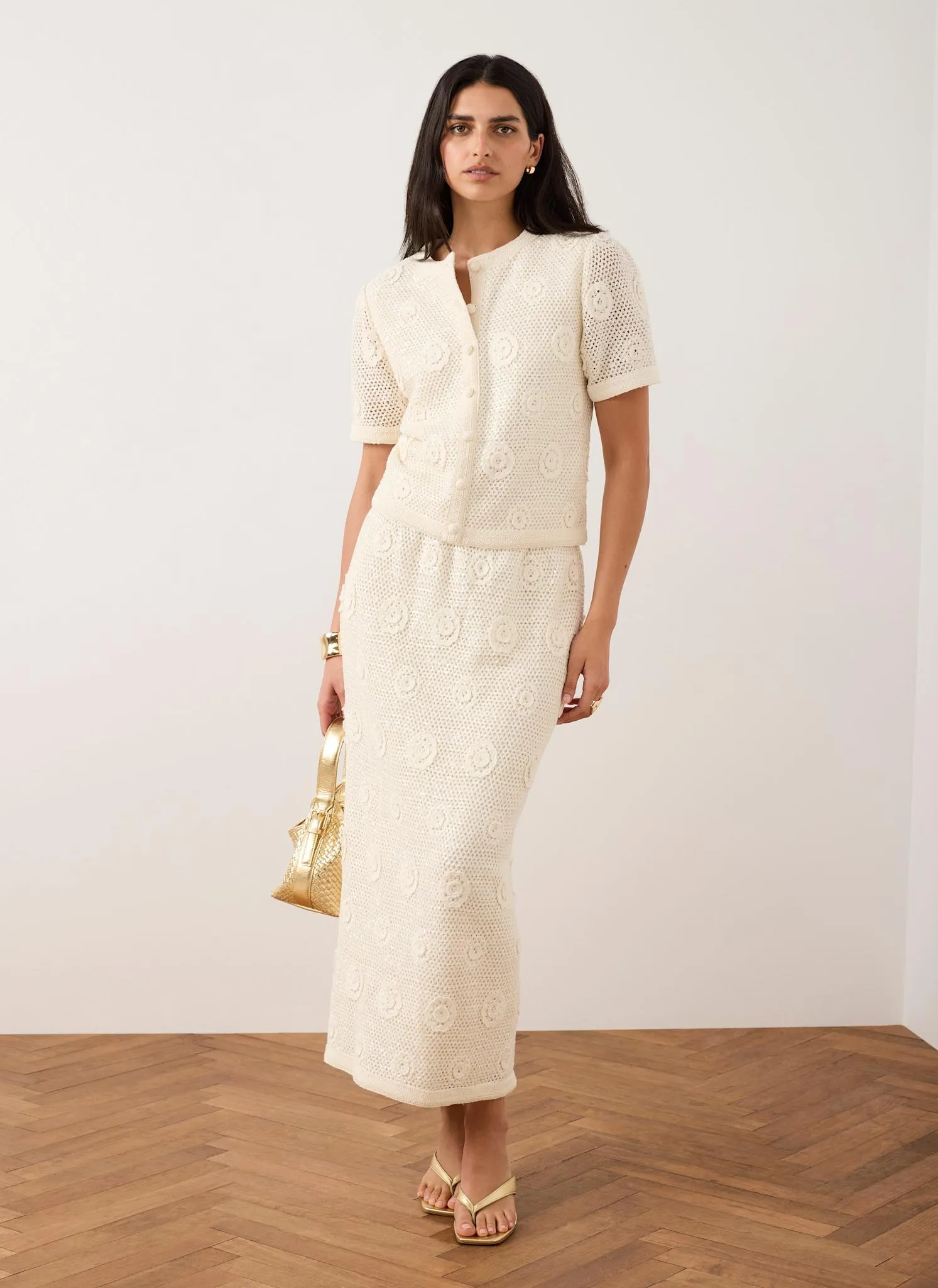 Neutral Sequin Floral Crochet Midi Skirt sold by Mint Velvet product image thumbnail 2