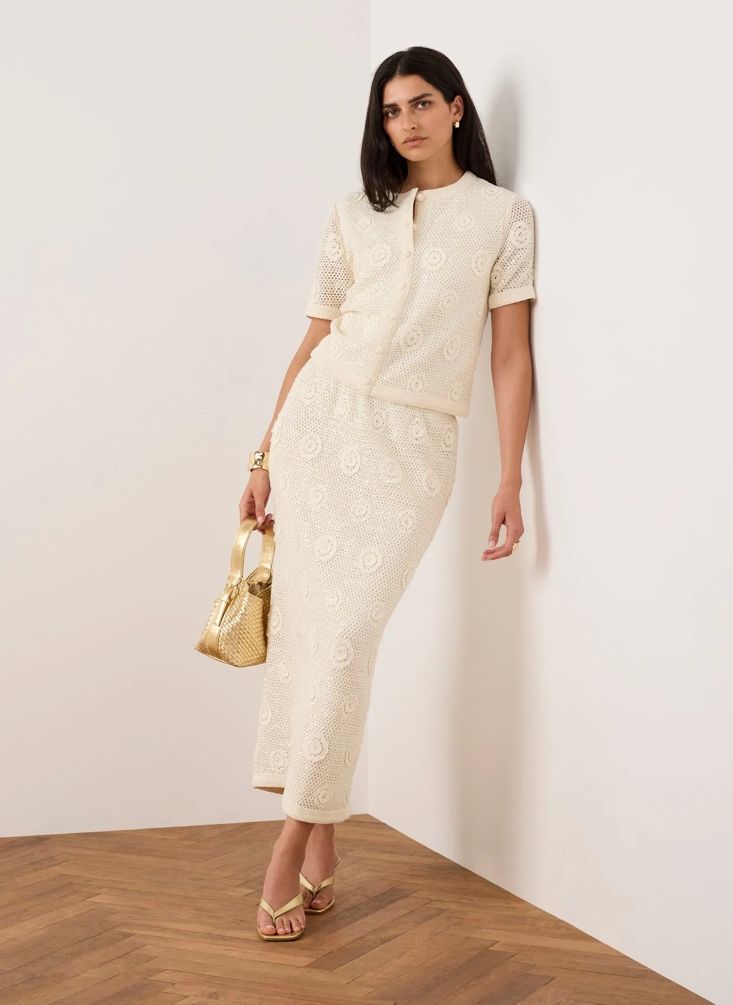 Neutral Sequin Floral Crochet Midi Skirt sold by Mint Velvet