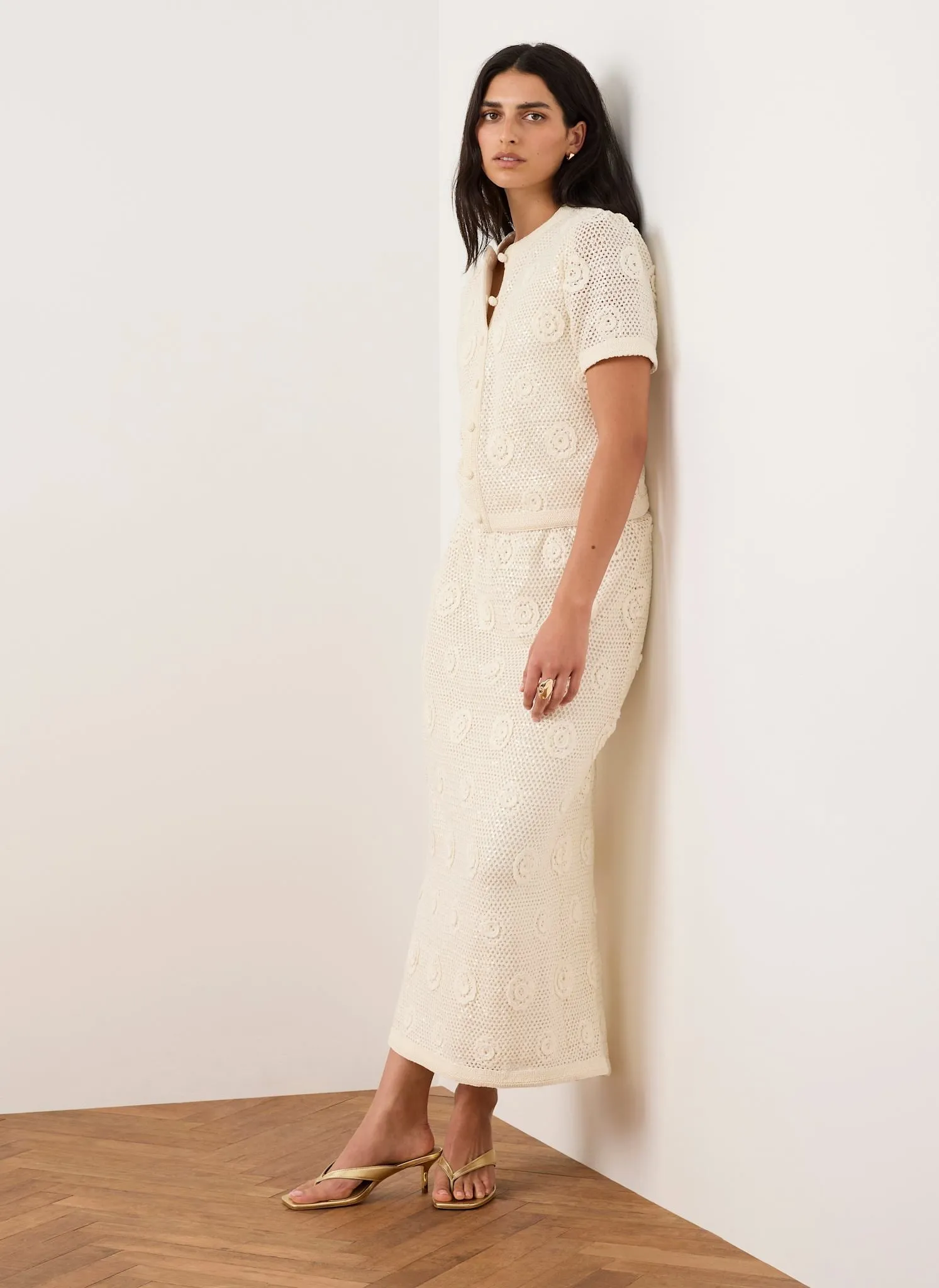 Neutral Sequin Floral Crochet Midi Skirt sold by Mint Velvet product image thumbnail 5