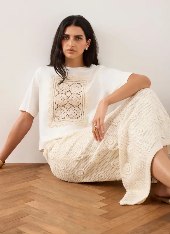 Cream Crochet Panel T-Shirt sold by Mint Velvet