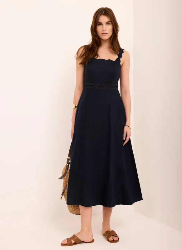Navy Linen Scallop Trim Midi Dress made by Mint Velvet