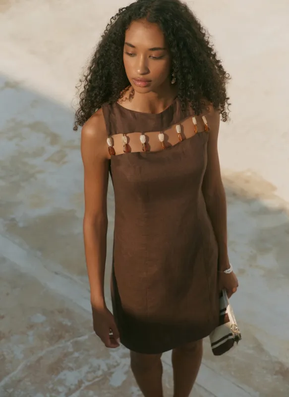 Brown Linen Beaded Mini Dress sold by Mint Velvet