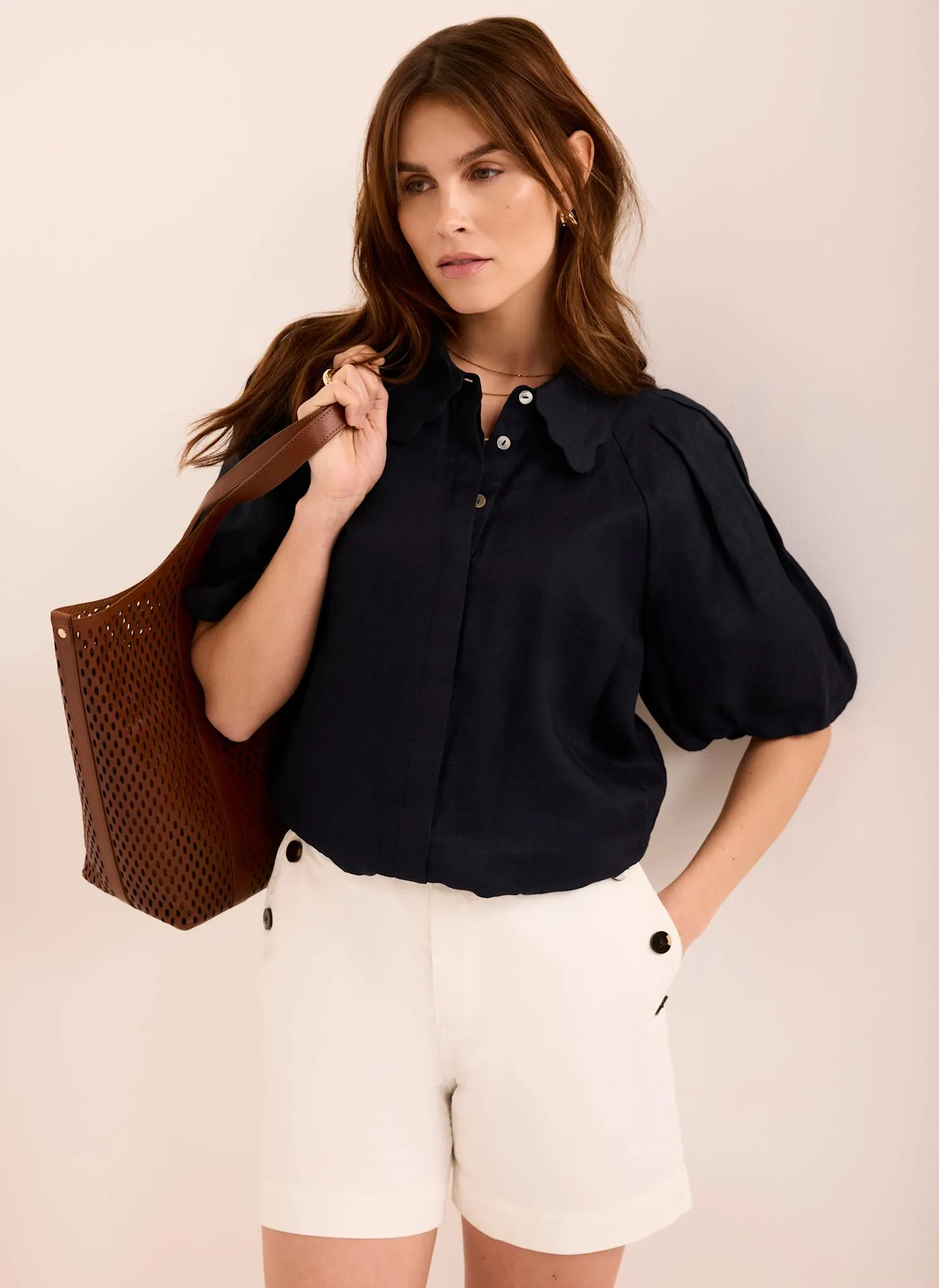 Navy Ramie Scallop Puff Sleeve Shirt sold by Mint Velvet product image thumbnail 4