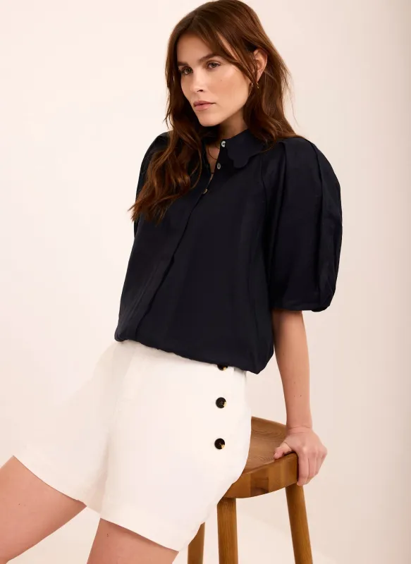 Navy Ramie Scallop Puff Sleeve Shirt sold by Mint Velvet